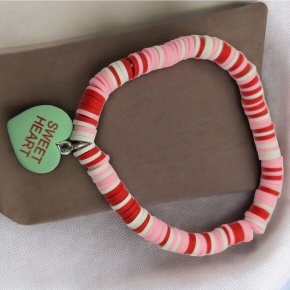 Candy Heart Charm Bracelet Chalky Green Valentine's Sweetheart Message Beaded - Picture 2 of 2